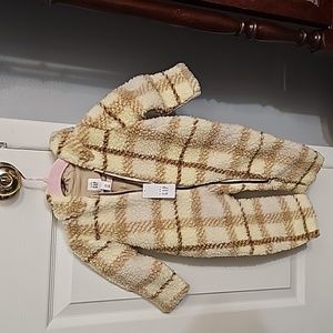 NWTvO-3mon Gap brown and white plad, wool, zip up, and hood has  bear ears